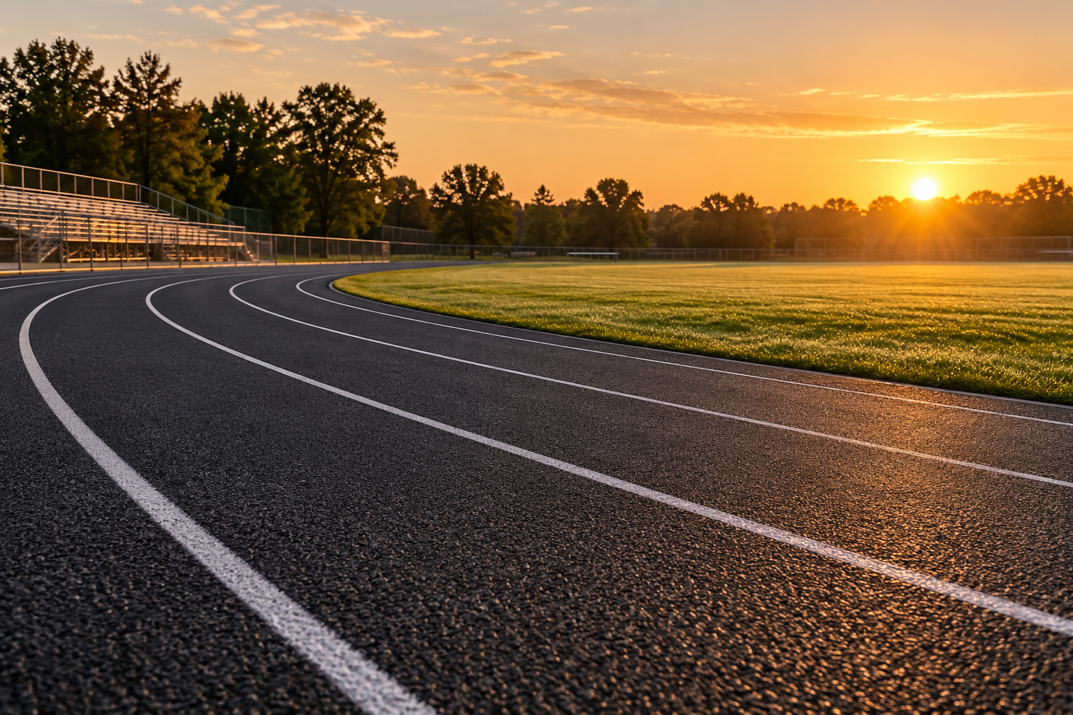 An empty running track curving toward the sunrise